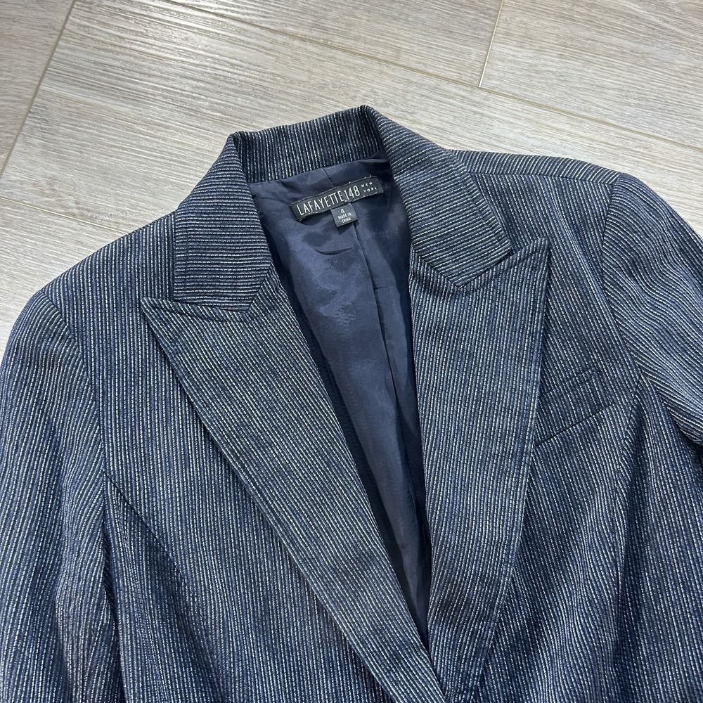 Lafayette 148 Women's Size 4 100% Virgin Wool Blazer Blue Silver Metallic Office - Picture 2 of 13